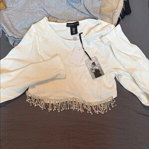 Sincerely Jules Cream Beaded Fringe Crop Top